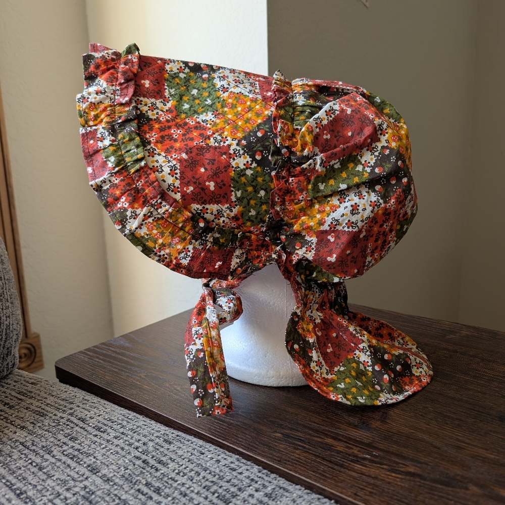 Vintage Orange Green Brown Floral Patchwork Cotton Prairie Style Hat Sun Bonnet